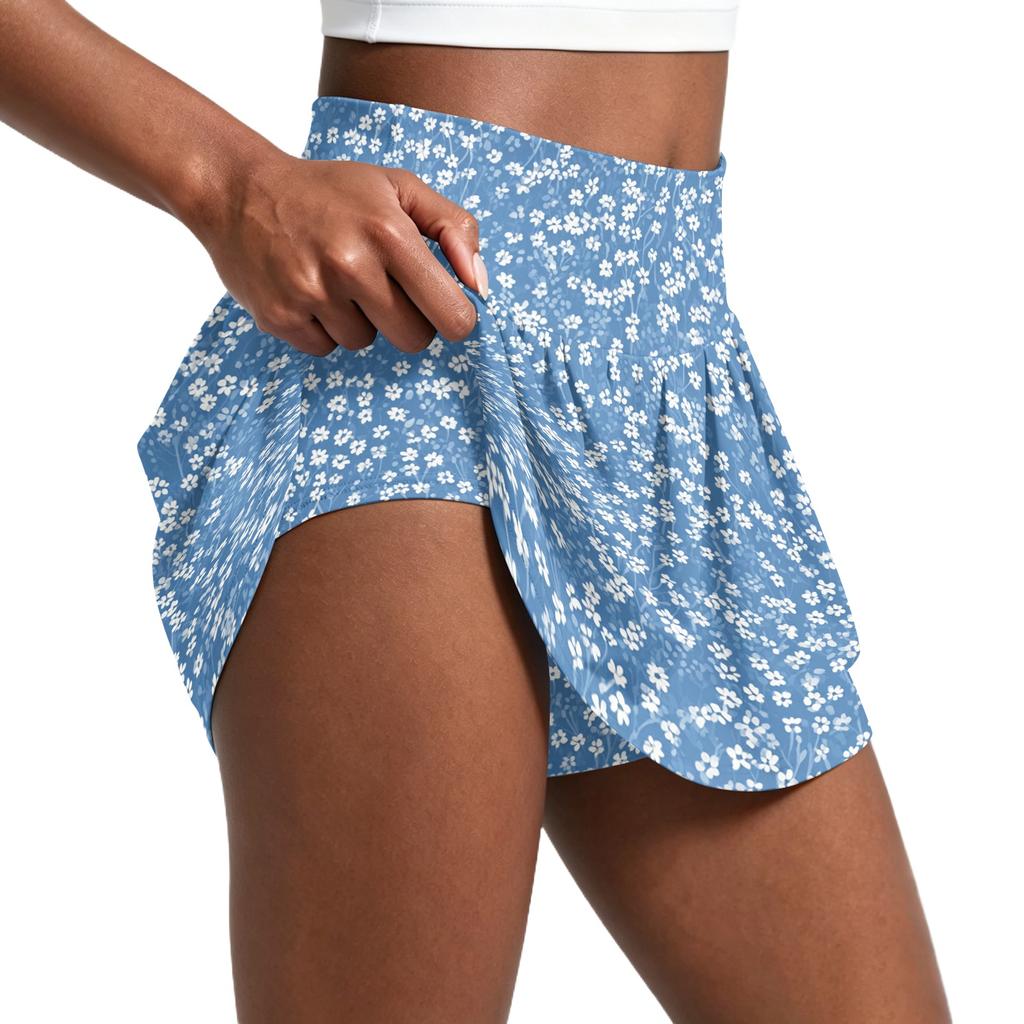 Damen Faltenrock mit Blumenmuster und integriertem Hosenrock Sportlicher Tennis-Skort zum Laufen, Yoga, Fitness, Freizeit