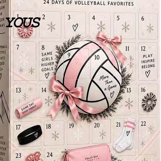 Calendario dell'Avvento per Ragazze con Gioielli e Cancelleria da Pallavolo, Scatola Countdown di 24 Giorni con Accessori Sportivi, Regali di Compleanno per Giocatori con Elastici per Capelli e Ciondoli