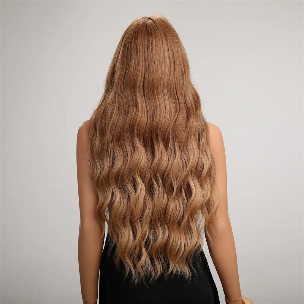 Long Water Wave Synthetic Wigs with Bangs Natural Ginger Brown Loose Curly Wavy Wig for Black White Women Heat Resistant Daily