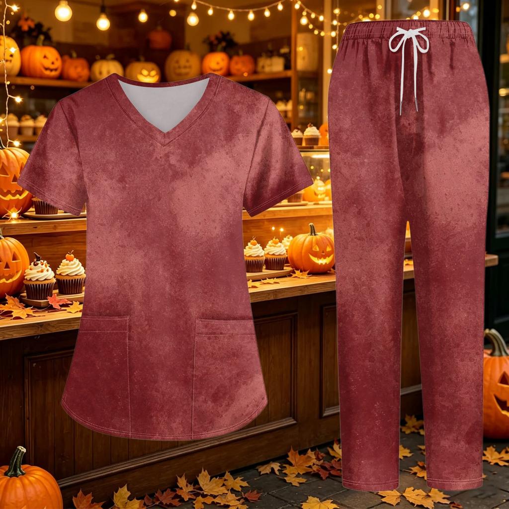 Women's V-Neck Short Sleeve Scrub Set with Pockets Gradient Tie Two Piece Caregiver Work Uniform
