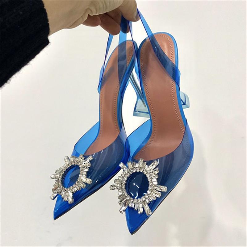 French crystal high heels women's spring rhinestone sun buckle pointed bag head transparent stiletto sandals