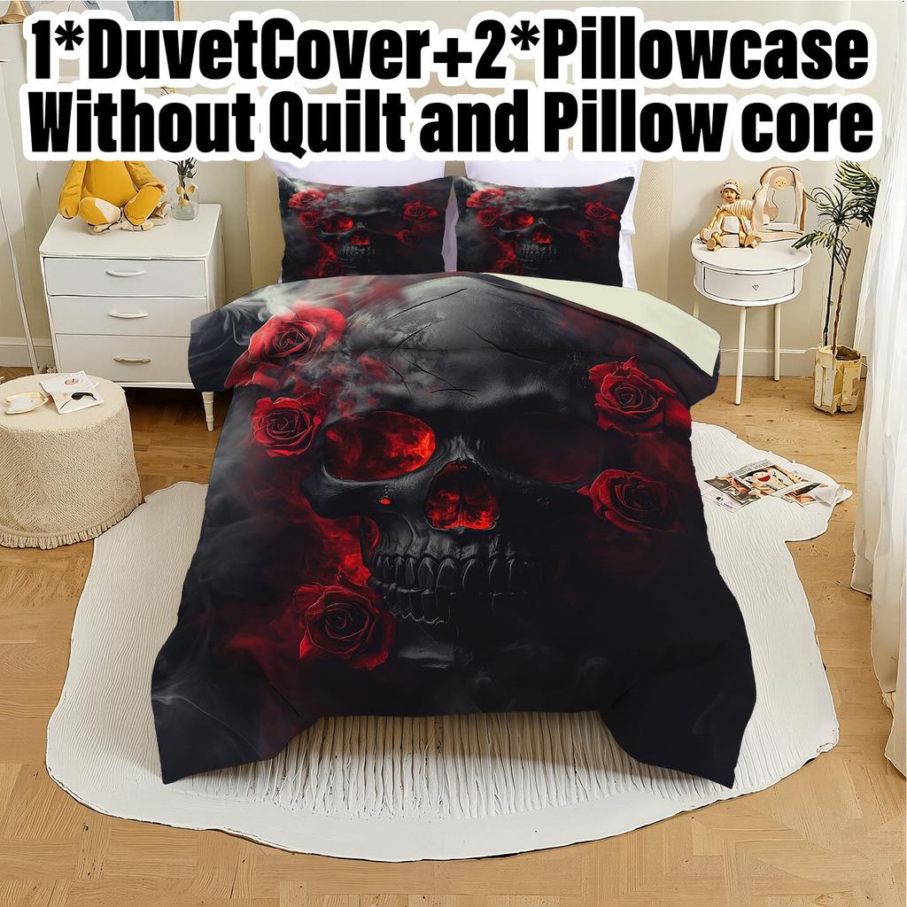 3pcs Duvet Cover Set Without Core 1 Quilt Cover + 2 Pillowcases Soft and Machine Washable Skull Design Bedding Set for Bedroom,