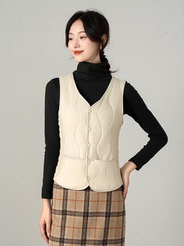 Women's V-Neck Slim Short Down Cotton Vest with Warm Velvet Inner Layer - 2026 Autumn/Winter Collection