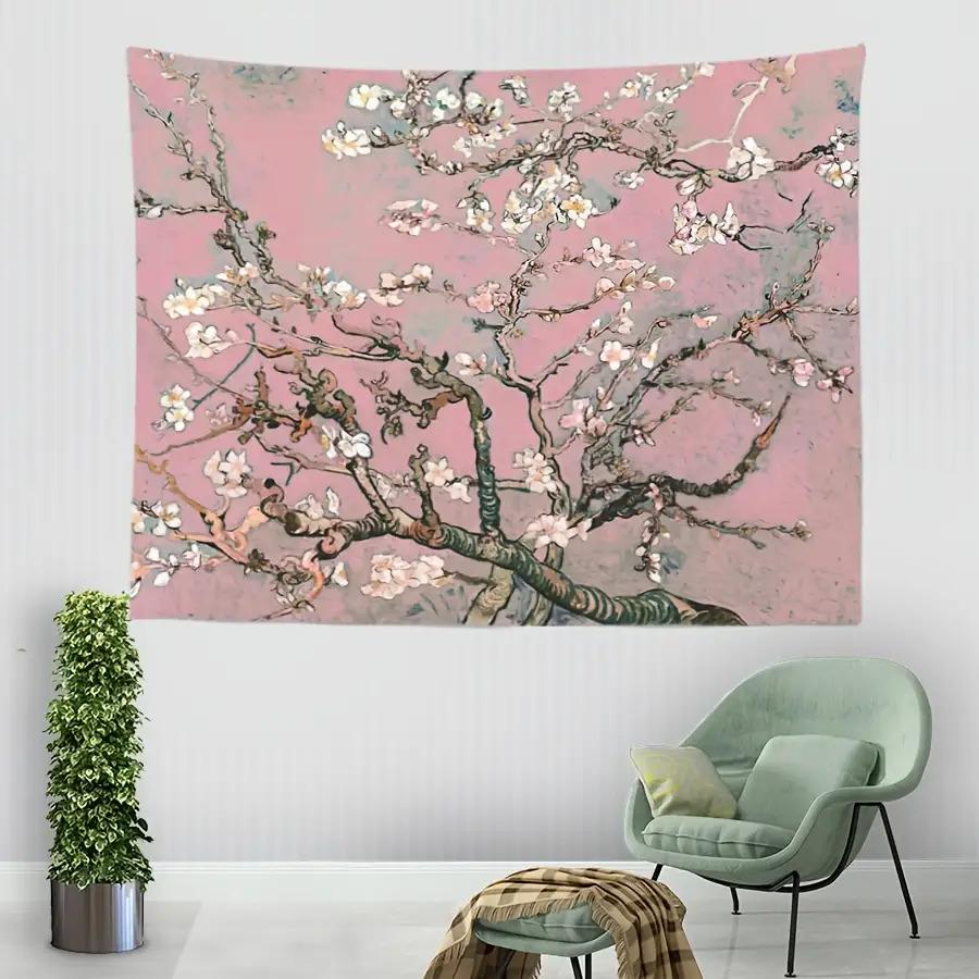 Van Gogh Style Pink Floral Tapestry, Almond Blossom Inspired Polyester Wall Art For Living Room Bedroom, Ideal Holiday Gift
