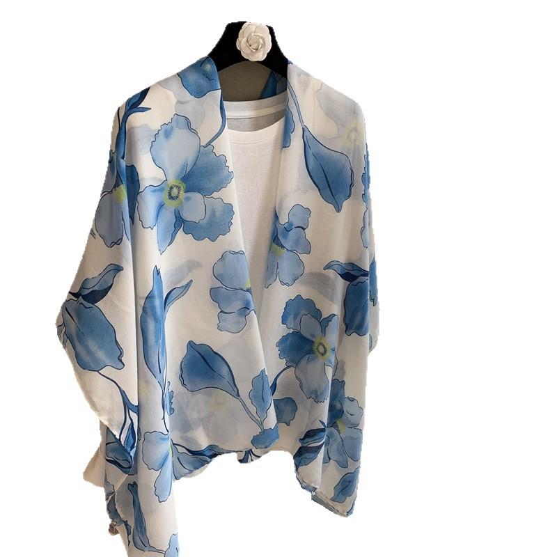 Spring And Summer Thin Silk Scarves, High-End Begonia Flower Printing Long Scarves, Satin Travel Sunscreen Scarves, Ethnic Shawls