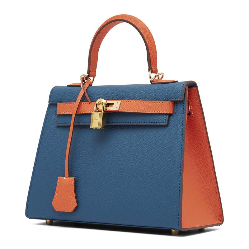 

Контрастная сумка из кожи с принтом пальмы второго поколения, качественная женская сумка на одно плечо, универсальная сумка через плечо Ins 25x10x18cm синий/оранжевый