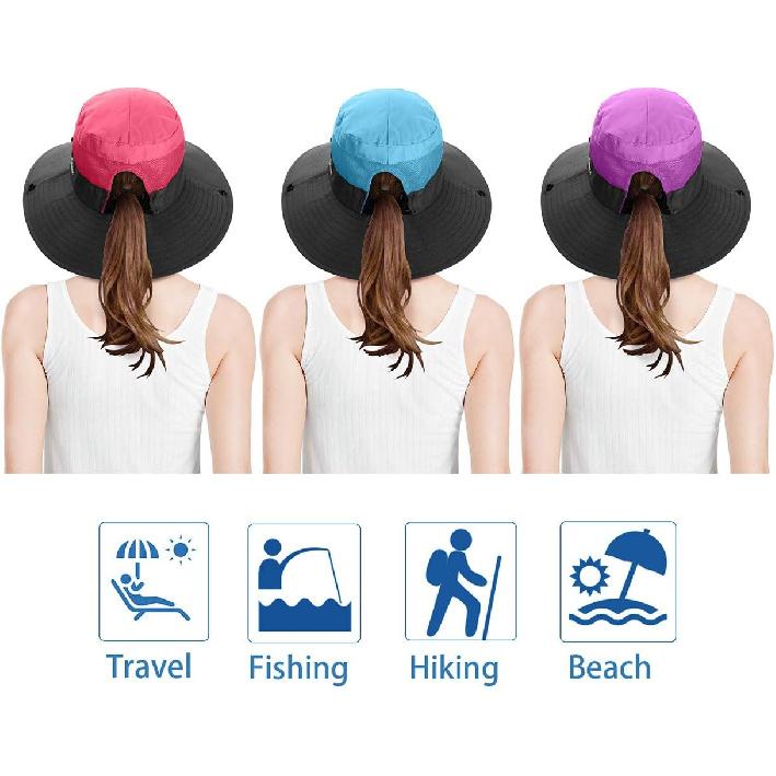 3 Pieces Womens Ponytail Wide Brim Sun Hat Packable UV Protection Beach Cap for Fishing & Hiking
