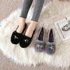 Fashion Winter Rabbit Fur Shoes Women Pearl Crystal Buckle Cotton Flats Woman Furry Loafers Antiskid Warm Plush Moccasins Big Size 34-43