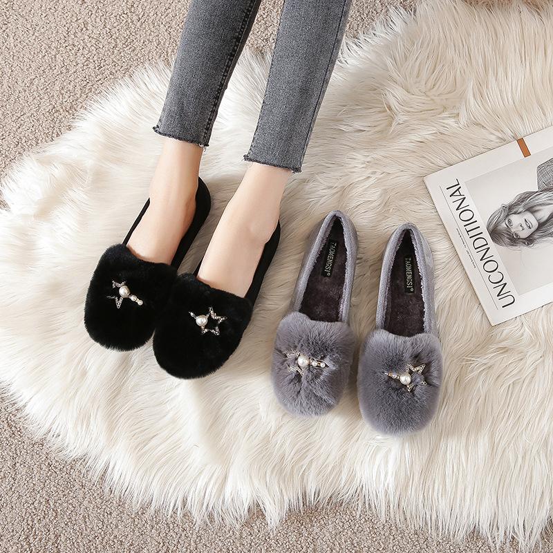 Fashion Winter Rabbit Fur Shoes Women Pearl Crystal Buckle Cotton Flats Woman Furry Loafers Antiskid Warm Plush Moccasins Big Size 34-43