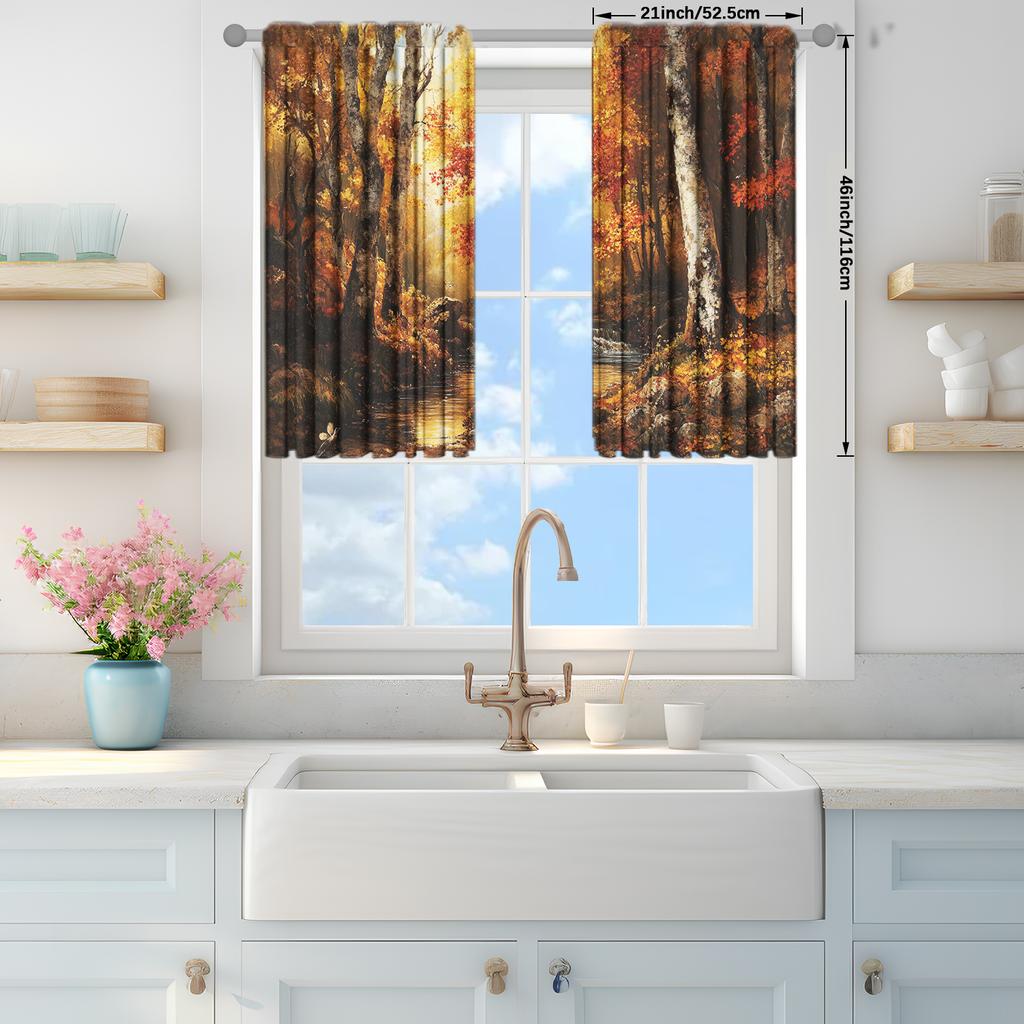 2pcs Birch Forest Oil Painting Printed Curtain for Home Decor - Rod Pocket Window Treatment for Bedroom, Office, Kitchen
