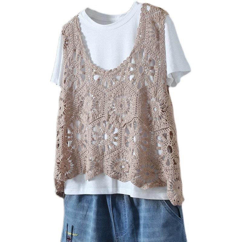 Frühling und Sommer neue einfarbige gestrickte durchbrochene Weste Weste Damen vielseitig locker ärmelloses Blusentop