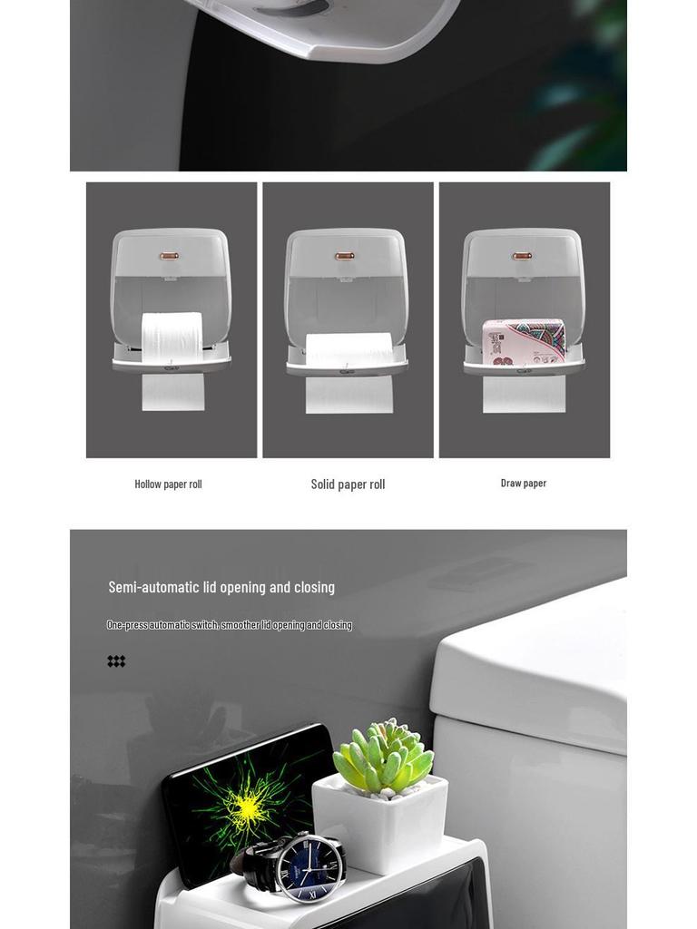 Punch-Free Wall-Mounted Waterproof Tissue and Toilet Paper Holder with Double-Layer Storage