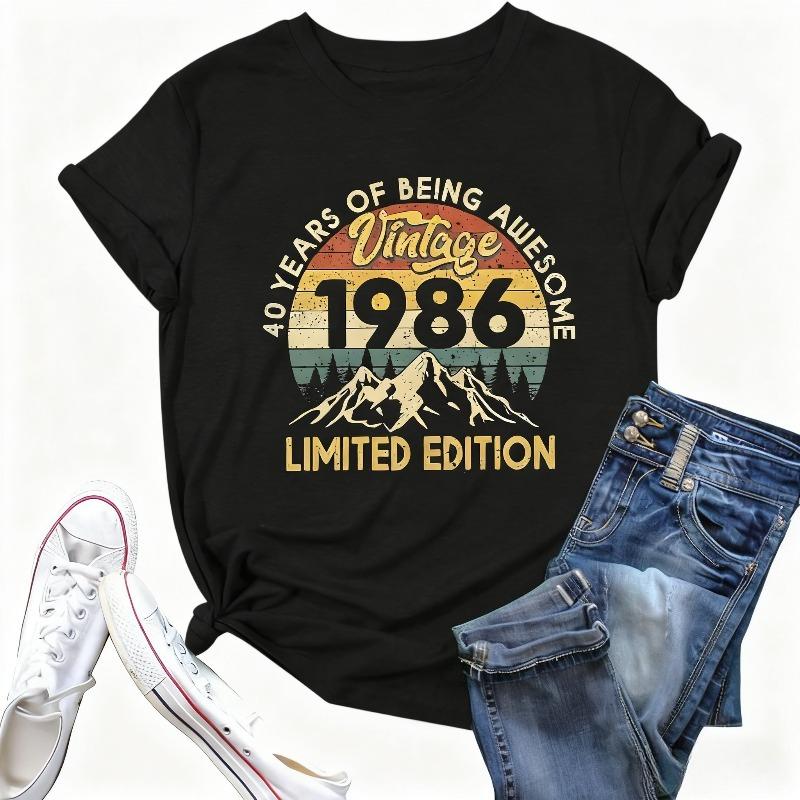 40th Birthday Gift Women Vintage 1986 Shirt Letter Print Retro Party Top Short Sleeve Casual Tees Forty Years Old Graphic Shirts