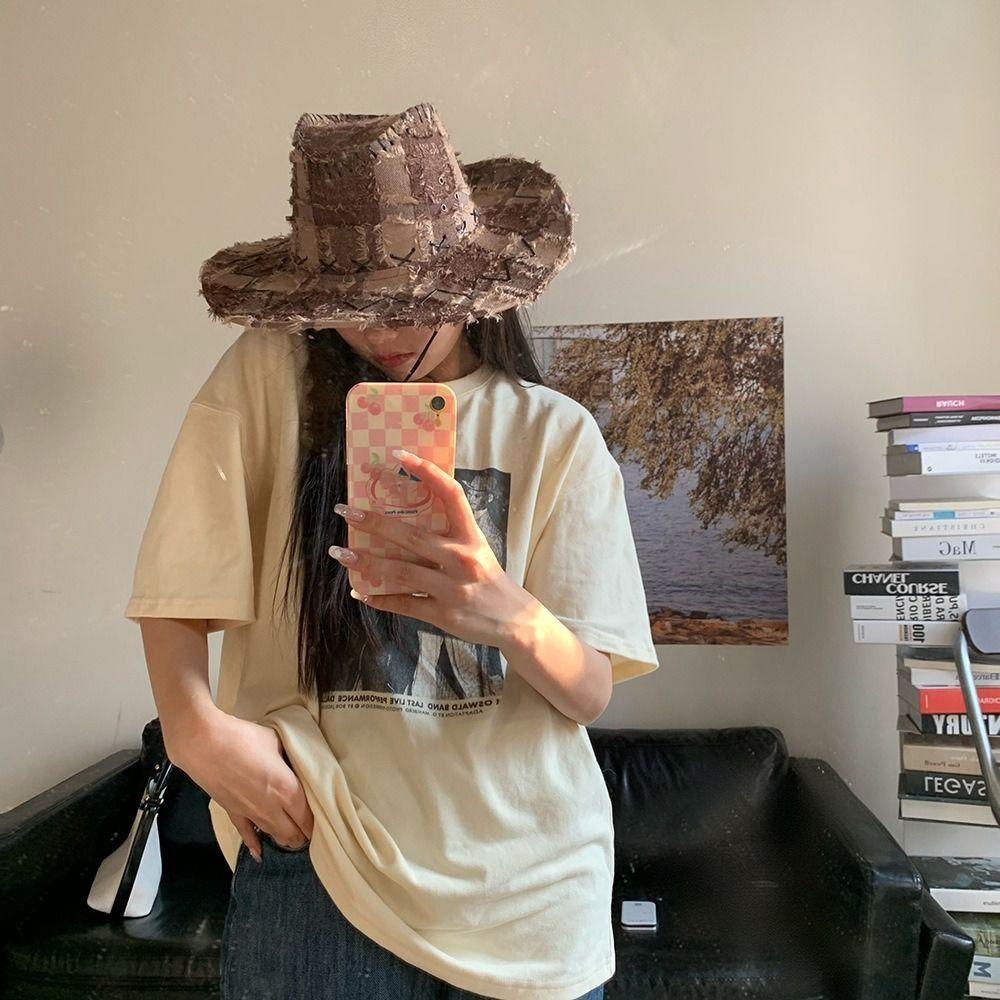 Hiking Western Cowboy Hat Adjustable Plaid Knight Hat Vintage Wide Brim Sun Hat  for Male Female