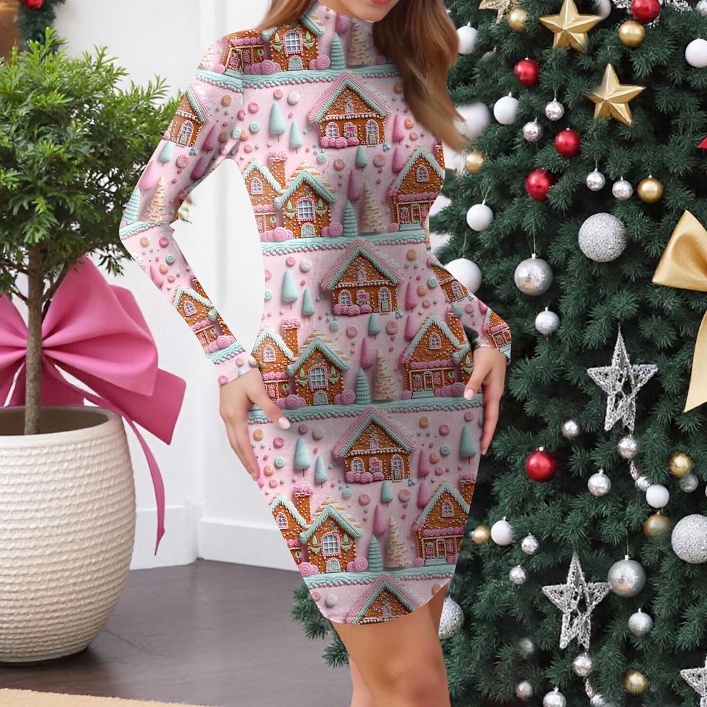 Women's High-Neck Casual Long-Sleeved Printed Slim-Fit Dress