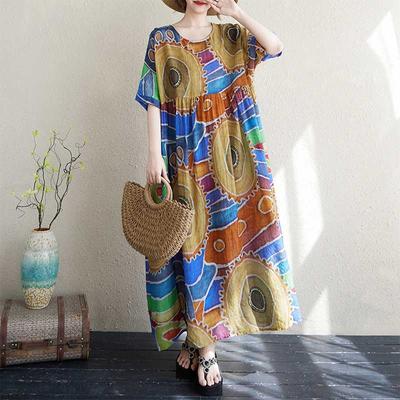 Thin Cotton and Linen Round Neck Short Sleeved Long Skirt, Long Girl