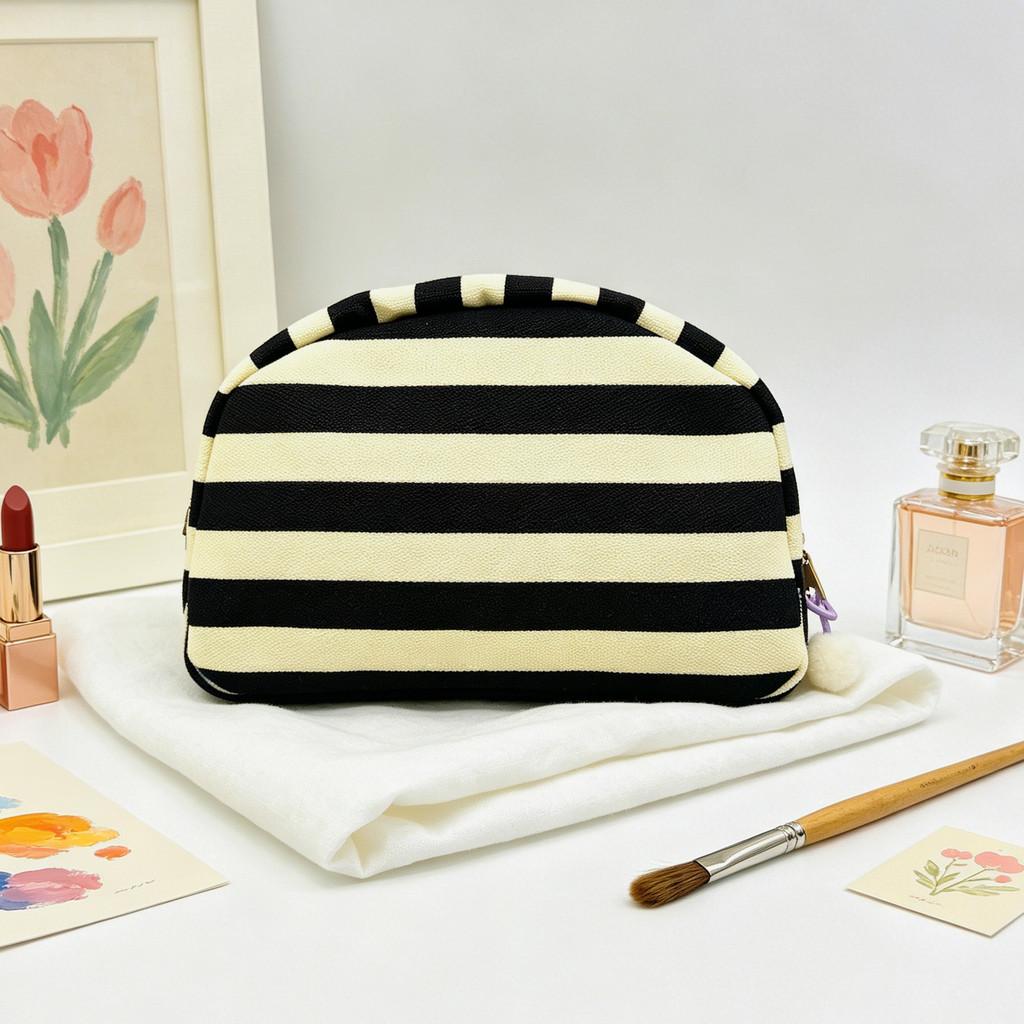 Canvas Striped Half Moon Makeup Bag With Zipper For Travel And Home Storage