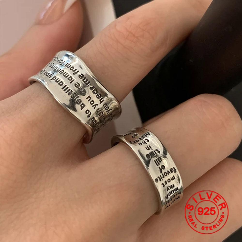 BFCLUB Silver Color Irregular Letters Open Rings For Women Female Simple Retro Style Handmade Fine Jewelry Bijoux Birthday