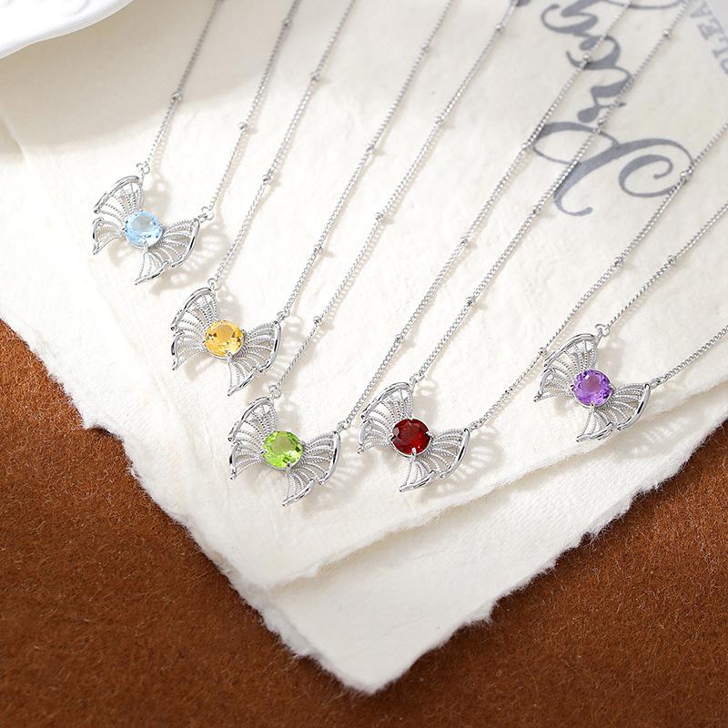 Butterfly Natural Crystal Stone Pendant S925 Sterling Silver Necklace Women's High-end Peridot New Chinese Jewelry Fashion Gift
