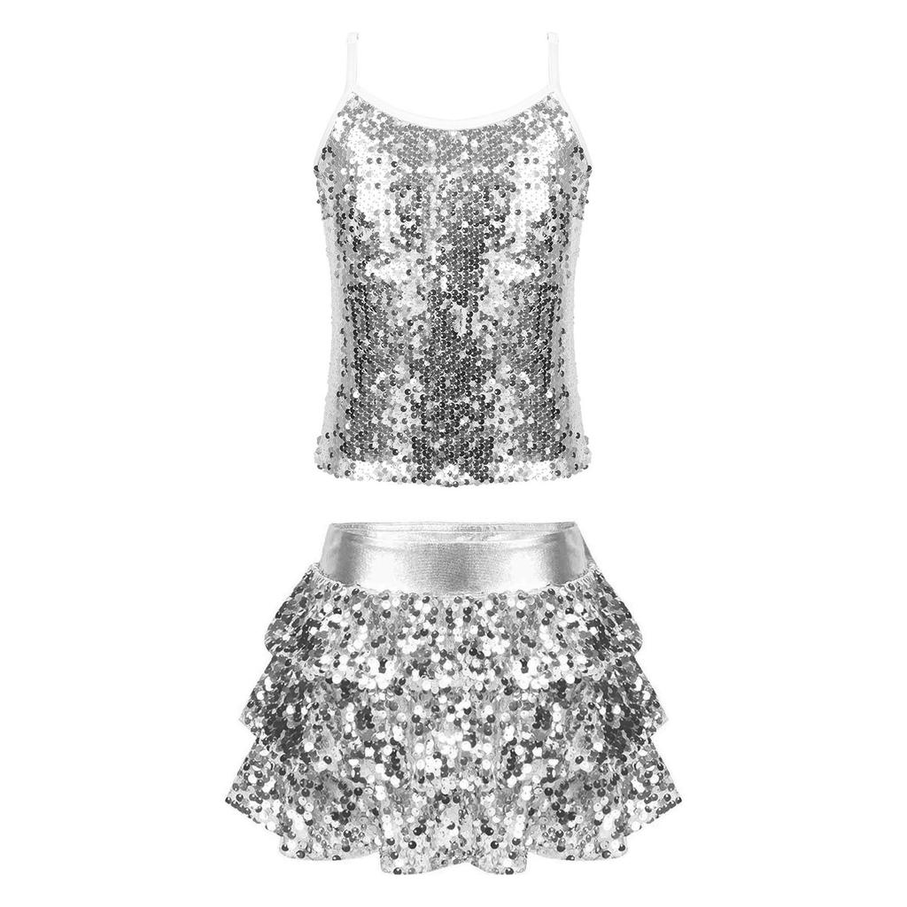 Girls Shiny Sequins Camisole Top Adjustable Straps Tiered Ruffle Skirted Shorts Culottes Dance Outfit