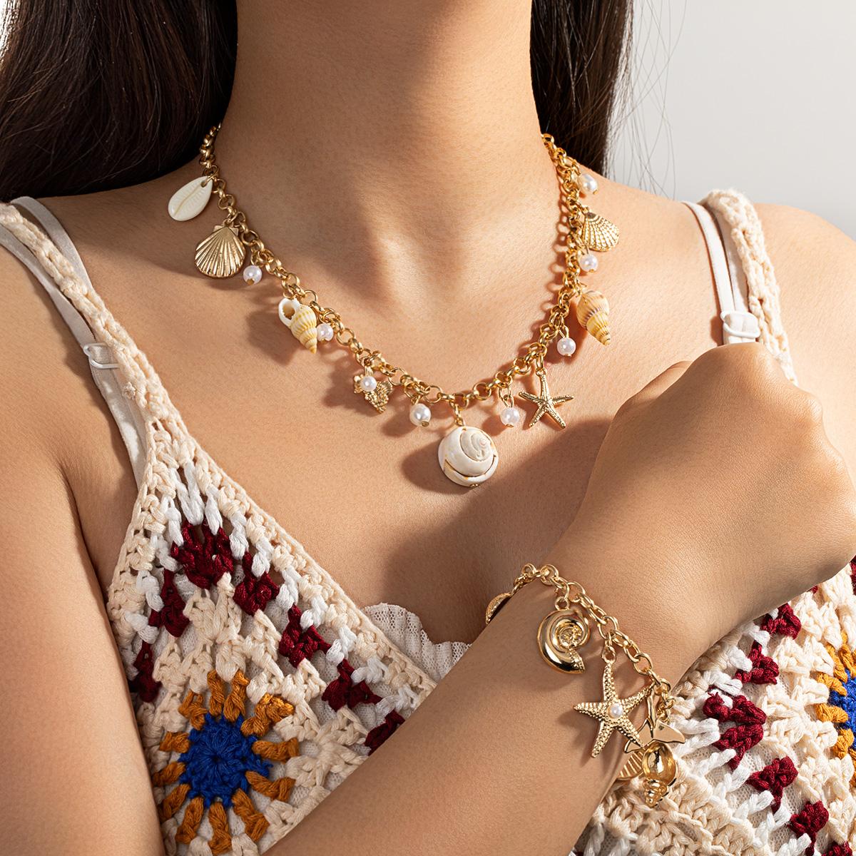 

Coastal Style Shell, Conch and Starfish Necklace & Bracelet Set, Vacation Style Clavicle Chain