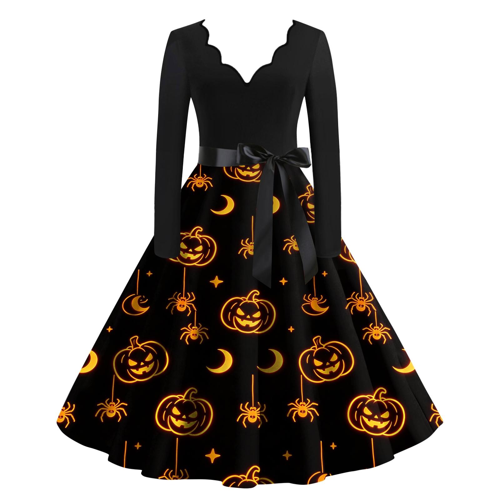 Women s Trendy V-Neck Long Sleeve Halloween Print Dress for Casual Occasions L