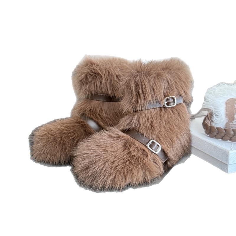 2025 autumn and winter snow boots flat bottom inner height increase thick sole high heel boots women's short boots fluffy boots belt buckle fleece war