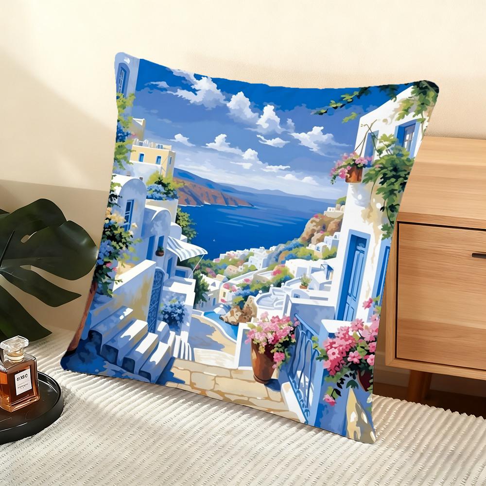 Santorini Landscape Cushion Cover Soft Short Plush Pillow Cover Smooth Cozy Texture Aesthetic Cushion Case Home Decor