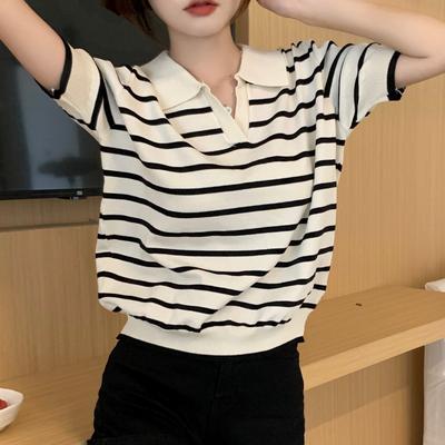 Fashion New Short Sleeve Polo Collar Knitted Casual T-shirt for Women Summer Tops Slim Striped Loose Women's T Shirts Simple Elegant Lady Tee 26309