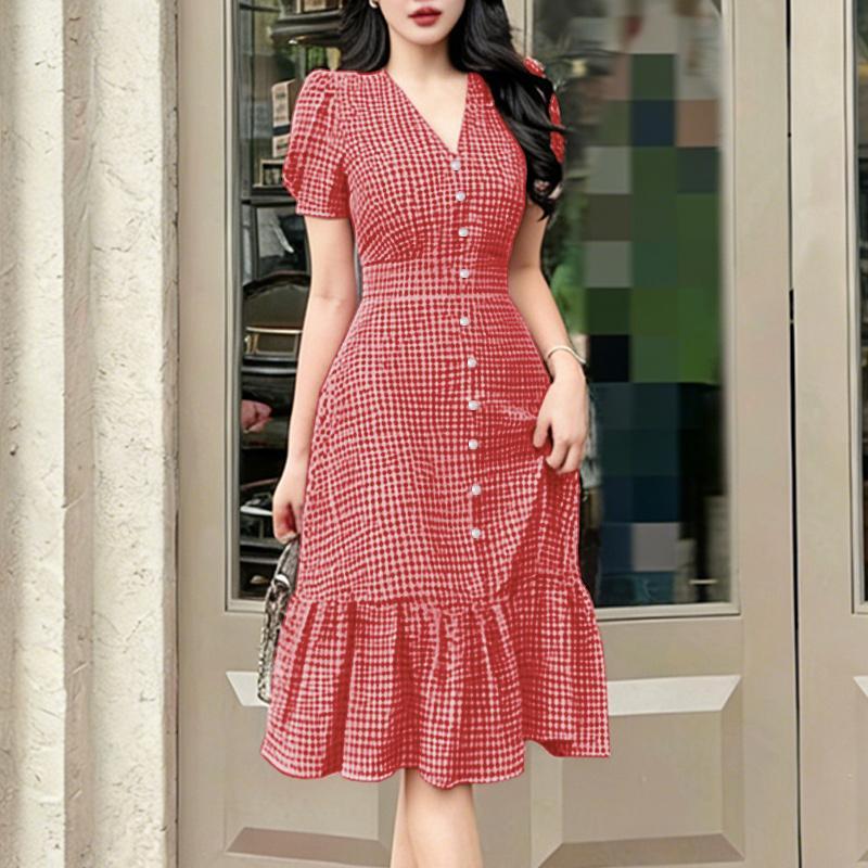 ZANZEA Women Casual V-Neck Short Sleeve Grid Print Dress