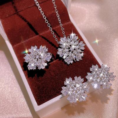 Korean Zircon Crystal Jewelry Snowflake Ring Necklace Earring Set