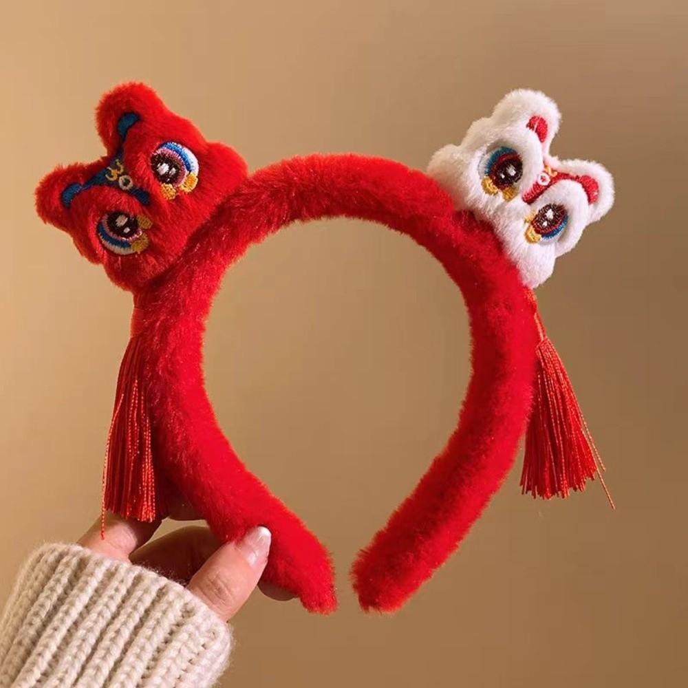 Embroidered Bow New Year Hair Hoop Lion Hanfu Hair Accessories Sweet Red Plush Headband  Kids