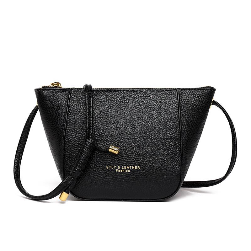 First layer cowhide women's bag, genuine leather lychee pattern bucket bag, underarm bag, large capacity shoulder messenger bag.