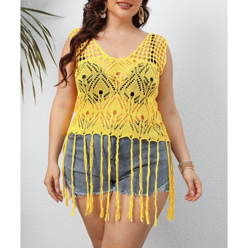

Летняя женская майка больших размеров, пляжная накидка, жилет с кисточками, сексуальный прозрачный топ 3XL жёлтый