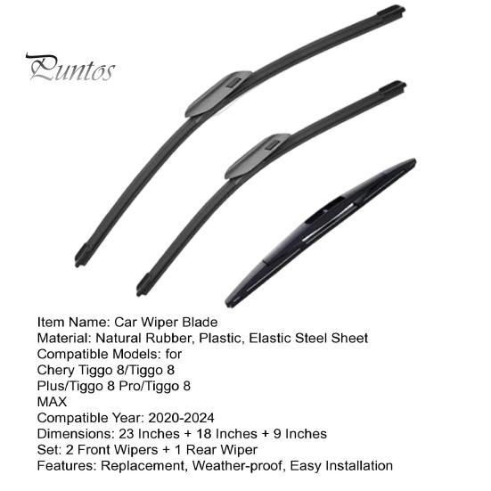 All Weather Performance Wipers 3Pcs/Set Beam Wiper Blades for Chery Tiggo 8 Plus Pro Natural Rubber MAX 2020-2024, 23"+18"+9" Front Rear Blades,