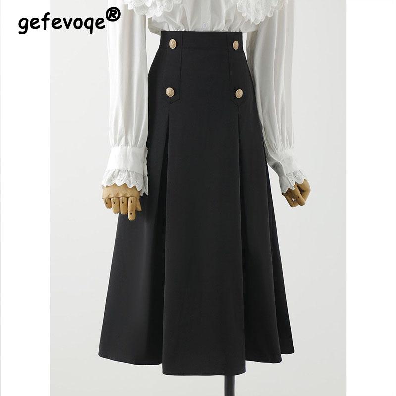 England Style Golden Button Black Pleated Large Hem A-line Skirt Loose Medium Length Temperament Women Clothing High-quality