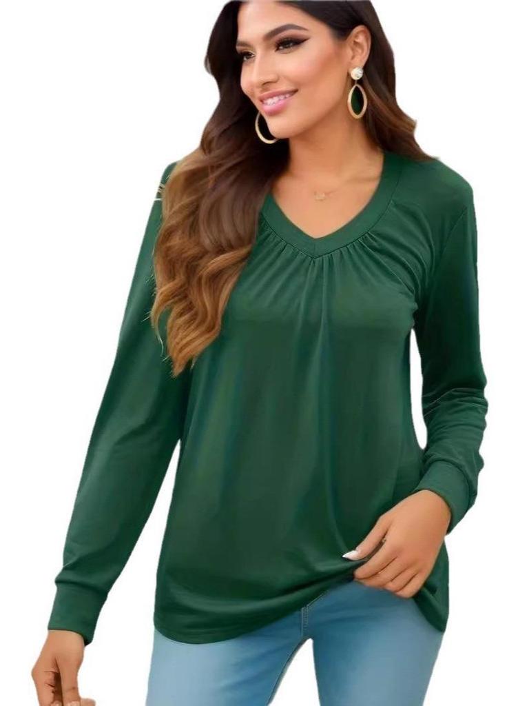 European & American Women's Autumn Ruched V-neck Ruffle Long Sleeve Loose T-shirt