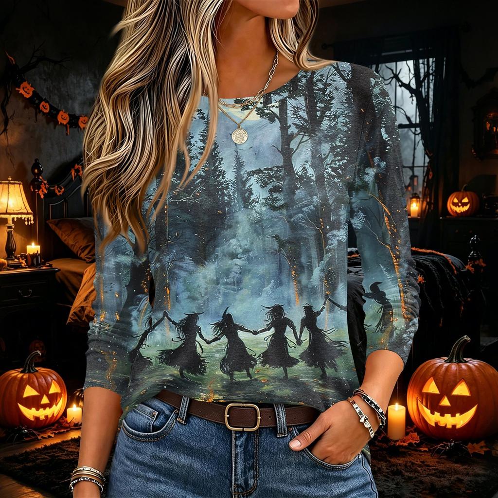 Women's Halloween Print Long Sleeve Neck Pullover Top