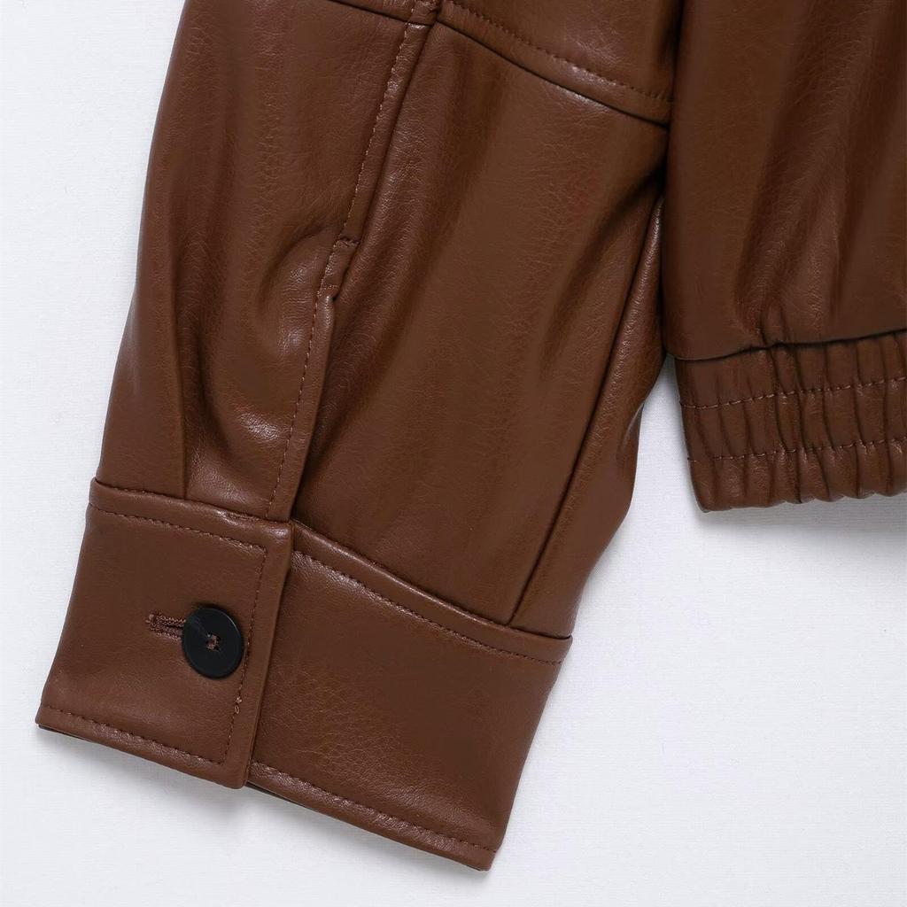 2025 Spring Women's Faux Leather Lapel Bomber Jacket