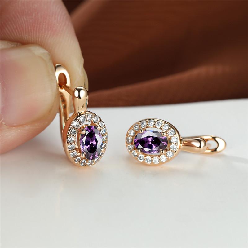 Cute Female Rose Gold Color Crystal Blue Stone Earrings Dainty Oval Zircon Wedding  For Women