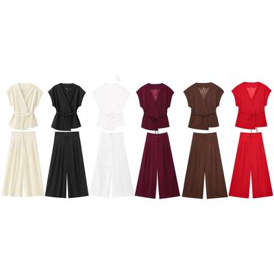 2025 Summer Women's European & American Style V-Neck Lace-Up Top + Pleated Pants Set