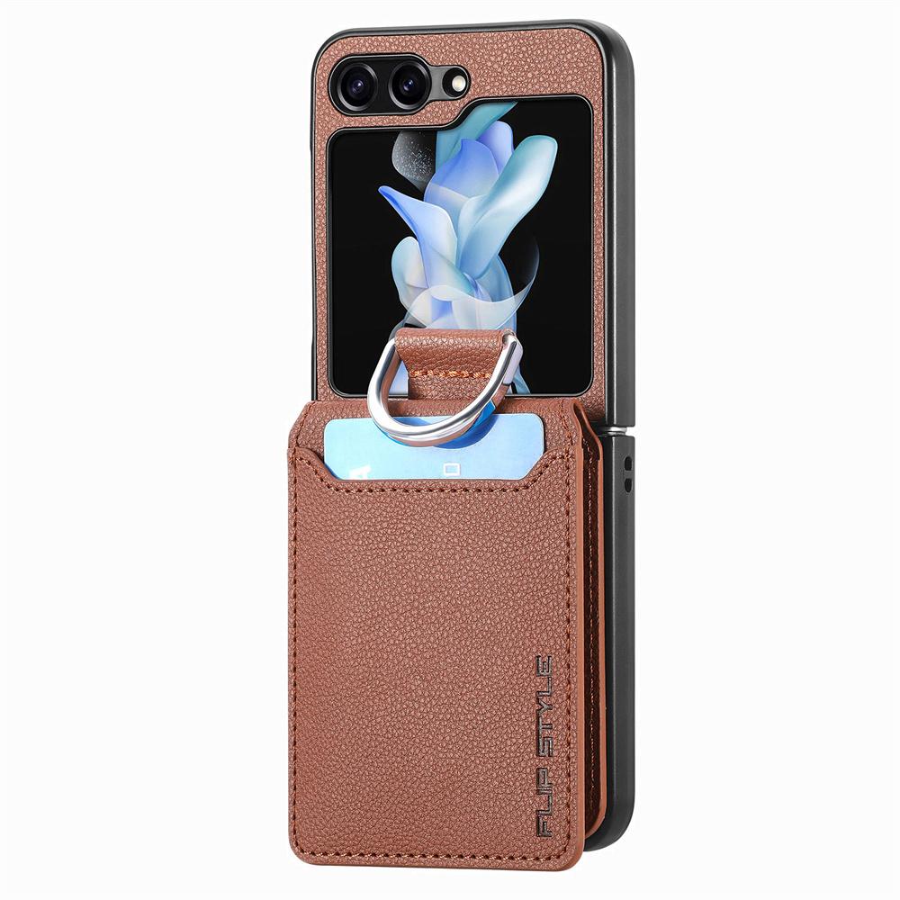 Custodia Portafoglio in Pelle con Motivo Litchi per Samsung Z Flip 5 4 3 2 7 Porta Carte Copertura per Galaxy Z Flip 4 6 Anello per Dita Custodia Morbida
