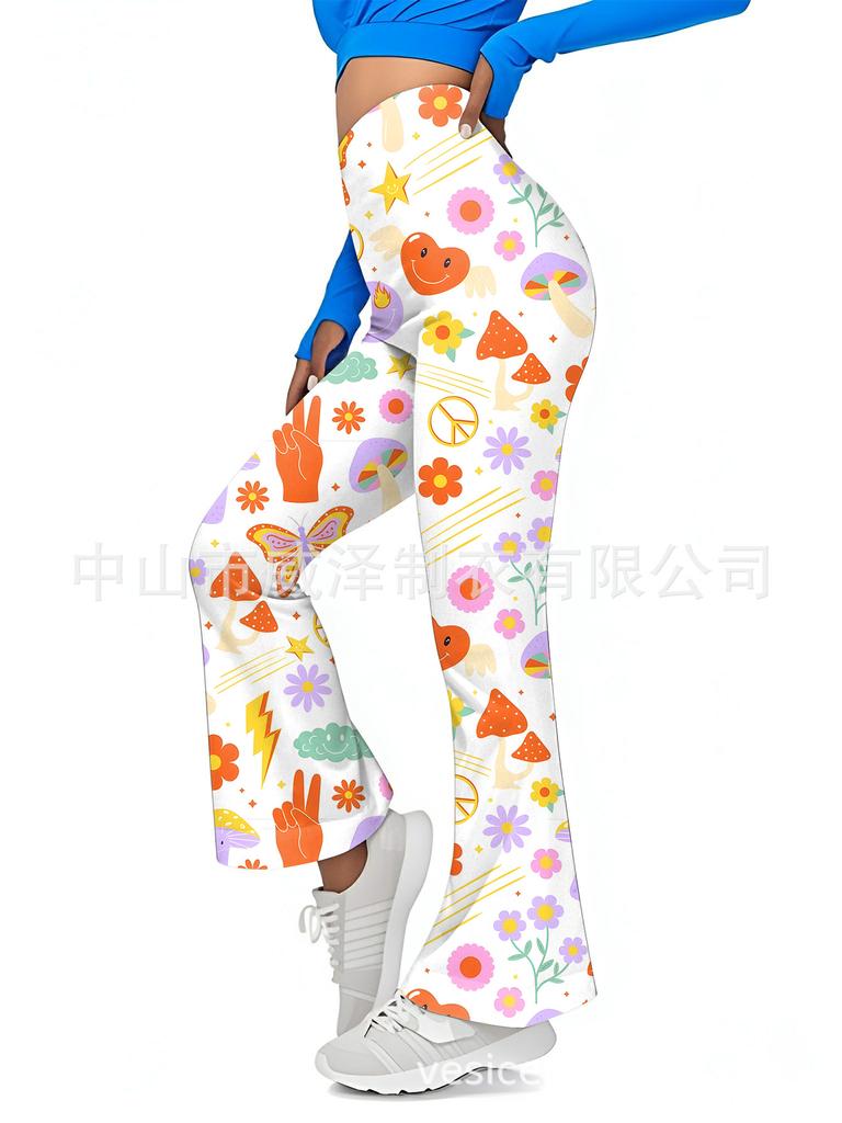 European and American Women's Floral Sexy High-waisted Slim-fitting Sports Flared Pants Women's Slim-fitting Trousers Casual Wholesale