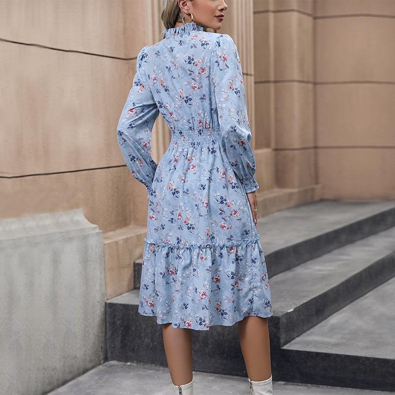 Women's Spring Dress Temperament Elegant Dress with Long Sleeves and Floral Print