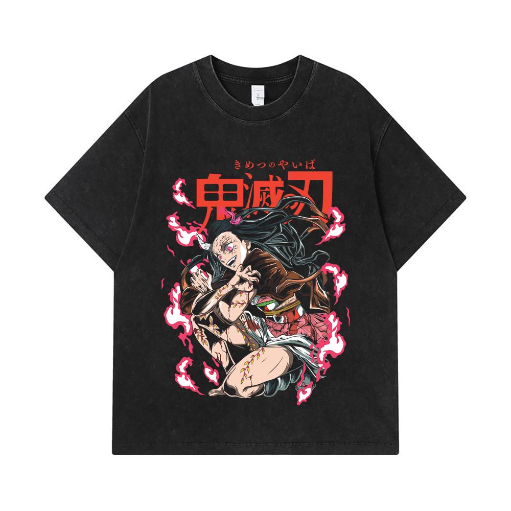 275 GSM Washed T-shirts 100% Cotton Demon Slayer V71 Nezuko Demon Print Unisex Heavy Cotton T Shirt