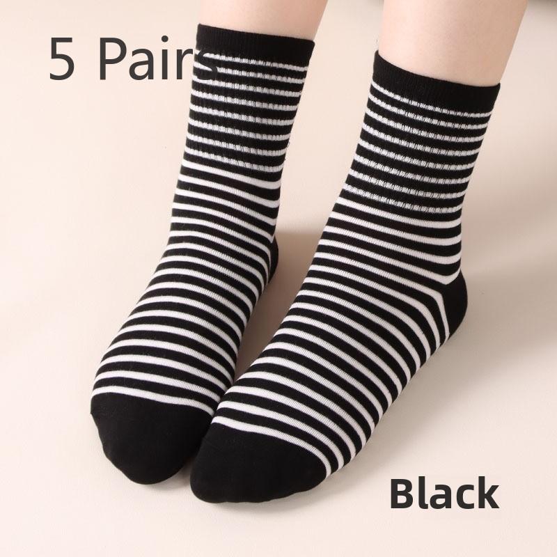 5 Pairs Socks Autumn and Winter Striped Sports Wind Tube Socks Hand Stitched Women's Silk Stockings