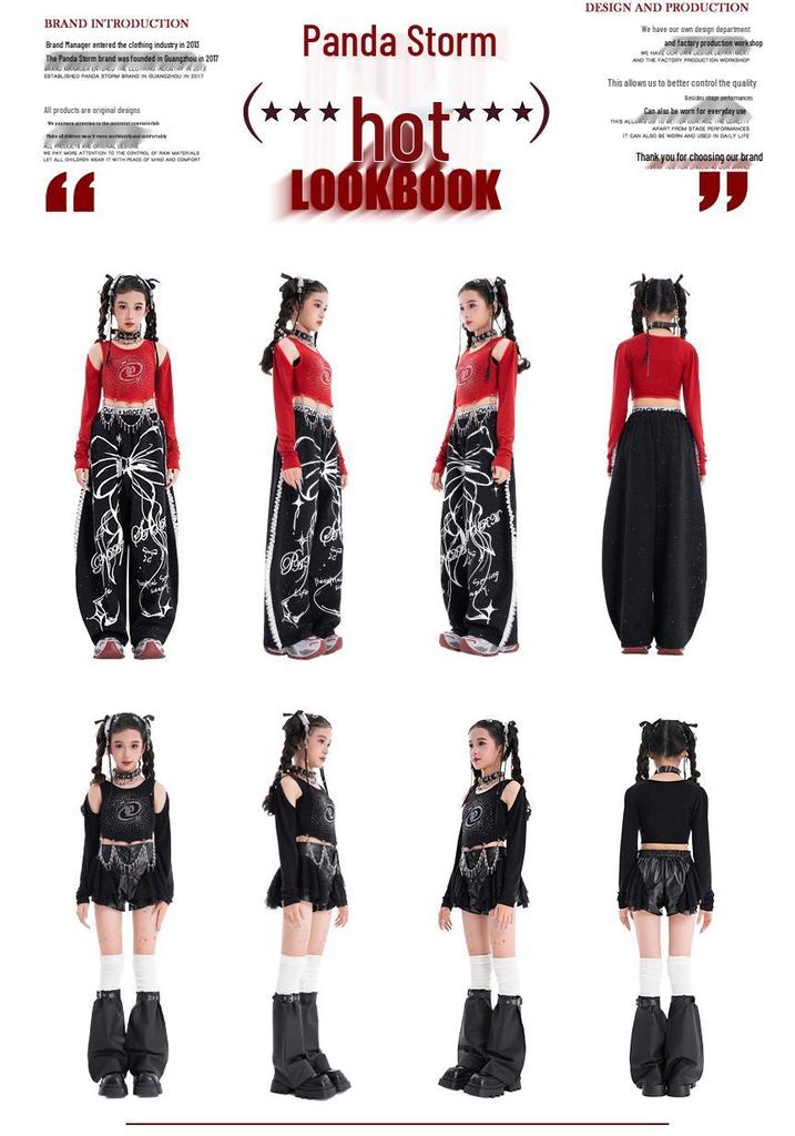 Girls' Trendy Sequin Rhinestone Dance Set: Long Sleeve T-Shirt and Pants for Street Dance Performance