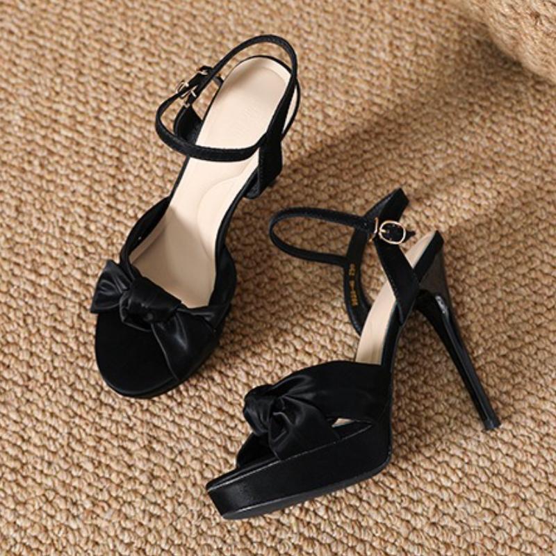 

Fashion Elegant Pointed Toe Bow Platform Sandals Women Super High Heel Ankle Strap Buckle Brand Designer Shoes Sexy Open Toe Dress Shoes 40 чёрный