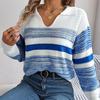 Sweater Women Casual Collar Polo Long Sleeve Knit Pullover Contrast Stripe Autumn Winter