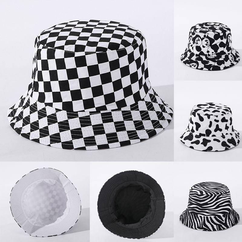 Stylish Black White Print Folding Fisherman Bucket Hat With Smiley Face Patch For Unisex Use